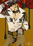  animal_print belt_buckle buckle copyright_name cowboy_hat cowboy_shot gloves grey_gloves hand_on_own_head hat jojo_no_kimyou_na_bouken leopard_print light_brown_hair looking_to_the_side male_focus mountain_tim shaapu solo star steel_ball_run tiger_print 