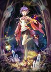  bangs copyright_name crystal detached_sleeves full_body glowing grass holding japanese_clothes kuroi lantern leg_up long_hair looking_at_viewer open_mouth outstretched_hand pink_eyes pixiv_fantasia pixiv_fantasia_t platform_footwear purple_hair ribbon sandals smile solo standing standing_on_one_leg tree wide_sleeves wings 