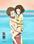  1girl bikini brown_eyes brown_hair collarbone copyright_name embarrassed fukube_satoshi holding hyouka ibara_mayaka nezumikami short_hair signature swimsuit yellow_bikini 