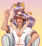  1girl antenna_hair arm_up armchair black_hair blazblue blazblue_remix_heart blue_hair blush bow breast_press breasts brown_hair chair closed_mouth couch couple dark_skin dark_skinned_male flying_sweatdrops genderswap genderswap_(mtf) hair_between_eyes hair_bow halftone halftone_background hands_on_another's_chest hetero hug hug_from_behind large_breasts long_hair looking_at_another looking_down looking_up mai_natsume messy_hair nunun orange_eyes pink_eyes ponytail red_eyes ribbon round_teeth school_uniform shirt short_sleeves sitting sleeve_cuffs smile surprised t-shirt taro_sasagae teeth upper_body very_long_hair white_shirt yellow_bow 