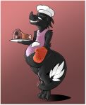 2020 3_toes alternate_species amniotic_fluid anthro apron arm_tuft bastiel black_body black_claws black_scales black_skin bodily_fluids border bottomless cheek_frill chef chef_hat claws clenched_teeth clothed clothing crossgender digitigrade elbow_tuft feathers feet female flat_chested food frill_(anatomy) frilly frilly_clothing genital_fluids handwear hat head_crest head_frill headgear headwear hi_res holding_belly holding_food holding_object holding_plate kobold kovehk_(harbinuawa) labor labor_pains meat meat_on_bone multicolored_body multicolored_clothing orange_clothing orange_handwear orange_oven_mitts oven_mitts pain pink_apron pink_background pink_clothing plate pointed_nose pregnant pregnant_female pseudo_eyebrows pupils red_clothing red_handwear red_oven_mitts scales scalie sharp_teeth shoulder_tuft simple_background slit_pupils solo sweat sweatdrop tail tail_around_leg tail_feathers teeth toes topwear topwear_only tuft two_tone_body two_tone_clothing white_body white_border white_eyes white_feathers white_pouch