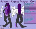  2016 anthro areola black_scales blue_eyes breasts butt claws clothing cross_gender digital_media_(artwork) digitigrade dragon english_text fan_character feathered_wings feathers female gentle_puppet hair hi_res horn looking_at_viewer model_sheet navel nipples nude purple_hair purple_scales reptile scales scalie simple_background smile solo text toe_claws underwear wings wruzz_purplefang 