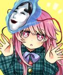  :o blue_bow blue_fire blue_neckwear bow bowtie expressionless fire hair_between_eyes hata_no_kokoro highres long_hair long_sleeves looking_at_viewer mask mask_on_head noh_mask open_hands open_mouth palms pink_eyes pink_hair plaid plaid_shirt sasa_kichi shirt simple_background solo star touhou unmoving_pattern upper_body yellow_background 
