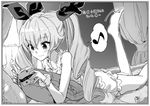  anchovy ass barefoot book curtains drill_hair eighth_note feet girls_und_panzer greyscale hair_ribbon highres kawakami_rokkaku leg_up long_hair lying monochrome musical_note on_bed on_stomach open_book pajamas pillow reading ribbon smile solo spoken_musical_note twin_drills 
