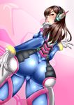  ass ass_focus ass_grab ass_support ayuayu_(shouyu_no_sato) breasts brown_eyes brown_hair bubble_blowing cameltoe d.va_(overwatch) facial_mark from_below gloves grabbing_own_ass highres long_hair looking_at_viewer looking_back medium_breasts overwatch skin_tight smile solo thighs v whisker_markings white_gloves 