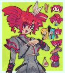  3girls :d ahoge akita_neru aqua_hair arm_at_side bad_anatomy bad_hands baguette black_sleeve_cuffs blonde_hair border bow bread buttons cowboy_shot degodraws double-breasted double-parted_bangs drill_hair english_commentary eyes_visible_through_hair food fumo_(doll) green_background grey_jacket grey_skirt hair_bow hair_over_one_eye hand_on_own_chest hatsune_miku highres holding holding_food jacket kasane_teto kasane_teto_(sv) midriff_peek multiple_girls multiple_views musical_staff_print open_hand open_mouth outside_border pearto red_eyes red_hair red_trim shoulder_belt shoulder_boards simple_background skirt skirt_set smile staff_(music) synthesizer_v triple_baka_(vocaloid) twin_drills utau vocaloid white_border white_bow 