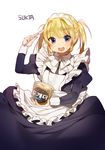 apron artist_name black_dress blonde_hair blue_eyes blush dress food food_on_face frills ice_cream juliet_sleeves long_hair long_sleeves looking_at_viewer maid maid_apron maid_headdress open_mouth original puffy_sleeves simple_background smile solo spoon sukja twintails white_background 