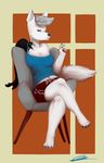  anthro canine cigarette clothed clothing crossed_legs eyebrow_piercing facial_piercing female half-closed_eyes kansyr lip_piercing mammal navel piercing simple_background sitting solo wolf 