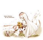  bouquet bunny flower hair_ribbon head_wreath kantai_collection long_hair murakumo_(kantai_collection) non-human_admiral_(kantai_collection) orange_eyes ribbon sitting tress_ribbon uzaki_(jiro) white_background white_hair 