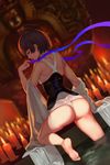  ahoge arm_at_side arm_support ass back bangs bare_back bare_shoulders barefoot blue_ribbon blunt_bangs blurry bob_cut brown_hair buddha candle candlelight catwyz corset depth_of_field dutch_angle feet from_behind fundoshi highres japanese_clothes koutetsujou_no_kabaneri light_smile loincloth looking_at_viewer looking_back mumei_(kabaneri) nail_polish no_pants parted_lips profile red_eyes red_lips ribbon shade short_hair soles solo statue thong topknot untied water white_nails 