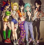  &gt;:( :o android_18 ass backless_outfit bandana bangs black_eyes black_hair black_legwear blonde_hair blue_eyes blue_hair breasts bulma chi-chi_(dragon_ball) crop_top crossed_arms denim dragon_ball dragon_ball_(classic) dragon_ball_z earrings facial_tattoo forehead frown green_eyes green_legwear green_shirt hair_bun jeans jewelry jpeg_artifacts lighting lineup long_hair looking_at_viewer looking_back lunch_(dragon_ball) medium_breasts middle_finger midriff multiple_girls navel necklace no_bra open_mouth orange_shirt pants pearl_necklace purple_hair purple_legwear ripped_jeans shadow shirt shoes short_hair short_shorts shorts signature smile sneakers son_gokuu striped striped_shirt tank_top tattoo twintails v v-shaped_eyebrows videl white_shirt yellow_eyes yellow_shorts 