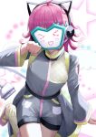  &gt;_&lt; 1girl :d absurdres ahoge blunt_bangs blunt_ends blush breasts chideno commentary cowboy_shot grey_jumpsuit highres jumpsuit kishimen_hair leg_up leg_warmers long_sleeves love_live! love_live!_nijigasaki_high_school_idol_club masked medium_breasts medium_hair official_alternate_costume paw_pose pink_footwear pink_hair rina-chan_board shoes short_jumpsuit smile solo star_(symbol) tennoji_rina tsunagaru_connect_(love_live!) white_background xd yellow_leg_warmers 