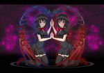  :o asymmetrical_wings black_dress black_hair black_legwear blush bow bowtie breasts commentary_request dress dual_persona full_body gmot high_heels houjuu_nue kneeling looking_at_viewer medium_breasts parted_lips red_bow red_eyes red_footwear red_neckwear reflection shoes short_dress short_sleeves symmetry thighhighs touhou wings zettai_ryouiki 
