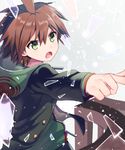  ahoge brown_hair danganronpa danganronpa_1 glass_shards highres hood hoodie male_focus naegi_makoto open_mouth pointing shirakino solo 