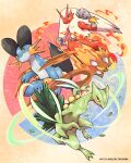  blaziken blue_eyes claws clenched_hands closed_mouth colored_sclera commentary fire highres kelvin-trainerk leaf looking_up pokemon pokemon_(creature) pokemon_focus sceptile swampert twitter_username watermark yellow_eyes yellow_sclera 