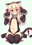  animal_ears bell black_gloves black_legwear blonde_hair blush breasts cat_ears cat_tail center_opening elbow_gloves fake_animal_ears fake_tail fate/kaleid_liner_prisma_illya fate_(series) fur_trim gloves hair_bell hair_ornament illyasviel_von_einzbern jingle_bell leotard long_hair looking_at_viewer mokoke navel no_bra nose_blush paw_gloves paw_pose paw_shoes paws prisma_illya red_eyes ribbon shoes simple_background sitting small_breasts solo sweatdrop tail tail_ribbon thighhighs wariza 