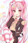  1girl :p blush danganronpa highres long_hair looking_at_viewer pink_eyes pink_hair skirt solo striped striped_legwear thighhighs tongue tongue_out utsugi_kotoko very_long_hair zettai_zetsubou_shoujo 