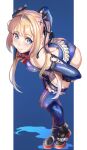 1girl ass bare_shoulders black_ribbon blonde_hair blue_background blue_eyes blue_one-piece_swimsuit blue_thighhighs blush boots breasts casual_one-piece_swimsuit covered_navel covered_nipples dead_or_alive dead_or_alive_5 dead_or_alive_6 detached_sleeves frilled_one-piece_swimsuit frills full_body gloves hair_ornament hair_ribbon highres long_hair looking_at_viewer marie_rose marie_rose_(devilish_servant_against_the_splashing_waves) one-piece_swimsuit ribbon small_breasts solo swimsuit take_(pixiv58784208) thighhighs twintails white_background x_hair_ornament 