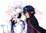  black_hair blue_eyes detached_sleeves fox_ears horns konshin long_hair multiple_girls original pointy_ears red_eyes short_hair white_hair 