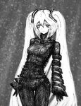  11e10 1girl absurdres black_bodysuit blame! bodysuit cowboy_shot english_commentary grey_background greyscale hair_ornament hatsune_miku highres leaning_back long_hair looking_at_viewer monochrome parody solo standing twintails very_long_hair vocaloid 