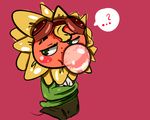  ? blush bubble_gum eyewear female flora_fauna freckles goggles half-closed_eyes mmmagic-chiwawa-pie plant plants_vs_zombies red_background simple_background solar_flare_(plants_vs_zombies) solo speech_bubble sunflowers 
