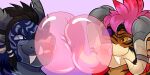  2025 2:1 anthro black_hair blowing_bubble_gum blue_eyes bubble_gum charr eye_patch eyewear fangs felid fur grey_body grey_fur guild_wars hair horn mammal orange_eyes pink_hair purple_background rindeadsong simple_background teeth yellow_body yellow_fur 
