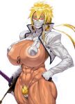  1girl abs absurdres areola_slip arrancar bleach blonde_hair blonde_pubic_hair bottomless braid breasts commentary cowboy_shot dark-skinned_female dark_skin female_pubic_hair highres holding holding_sword holding_weapon huge_breasts long_sleeves looking_at_viewer mask ming_liu mouth_mask muscular muscular_female navel open_clothes open_shirt pasties pubic_hair revealing_clothes skindentation solo standing sword tattoo tier_harribel weapon white_background 