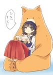  ainu ainu_clothes amayadori_machi bangs barefoot bear black_hair blunt_bangs blush book brown_eyes hair_ribbon hakama headband japanese_clothes kumai_natsu kumamiko long_hair low_twintails miko mokoke reading red_hakama ribbon sitting sitting_on_lap sitting_on_person translated twintails 