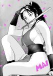  1girl ahn_dongshik arm_support bare_shoulders black_hair breasts character_name commentary falling_petals fatal_fury feet_out_of_frame from_side greyscale hair_ornament hand_fan hand_in_own_hair high_ponytail highres knee_up large_breasts long_hair looking_at_viewer monochrome mouth_hold ninja pelvic_curtain petals pink_petals ponytail revealing_clothes rope sash shiranui_mai sideboob sitting solo spot_color street_fighter street_fighter_6 the_king_of_fighters 