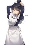  adjusting_hair apron arms_up artist_name black_dress black_eyes black_hair blush dress frills glasses hair_bun long_hair looking_at_viewer maid maid_apron mouth_hold one_eye_closed original puffy_sleeves simple_background smile solo sukja tying_hair white_background 