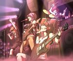  acdc arm_up bangs bass_guitar belt black_legwear black_shirt black_shorts blonde_hair bottle brown_hair cable choker clenched_teeth closed_eyes commentary concert contemporary cuffs cup denim drum drum_set drumsticks electric_guitar floppy_ears fur_trim guitar hairband hand_up hat hat_over_eyes horikawa_raiko index_finger_raised instrument kneehighs legs_apart lightning_bolt long_hair mefomefo microphone microphone_stand multiple_girls music necktie night night_sky one_eye_closed one_knee open_mouth outdoors pants playing_instrument pointing pointing_up print_shirt purple_hair purple_neckwear red_eyes red_hair ringo_(touhou) shirt short_hair shorts singing sitting sky speaker stage stage_lights standing sweat t-shirt tank_top tattoo teeth touhou tree tsukumo_benben tsukumo_yatsuhashi twintails white_shirt wrist_cuffs 