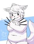  5_fingers blush canine cub darkmagic featureless_crotch fox fur hair jimmy_the_fox male mammal navel obese overweight pocky standing white_fur white_hair young 