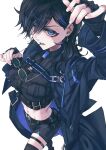  1girl absurdres ayase_yuu black_coat black_gloves black_hair black_pants black_shirt black_thighhighs blue_eyes blue_hair breast_pocket breasts coat collared_shirt cropped_shirt earrings fingerless_gloves glasses gloves hair_between_eyes highres holding holding_removed_eyewear jewelry mayamadesu midriff multicolored_hair navel open_clothes open_coat open_mouth pants phase_connect pocket second-party_source shirt single_leg_pantyhose single_thighhigh solo streaked_hair thigh_strap thighhighs unworn_eyewear virtual_youtuber 