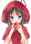  apple blue_eyes blush brown_hair capelet character_request copyright_request fang food fruit holding holding_food holding_fruit hood looking_at_viewer mokoke open_mouth ribbon simple_background sketch solo white_background 