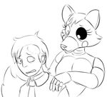  animatronic anthro breasts canine cleavage clothed clothing concerned duo featureless_breasts female five_nights_at_freddy&#039;s five_nights_at_freddy&#039;s_2 fox frown hand_on_shoulder human jeremy_fitzgerald looking_back machine male mammal mangle_(fnaf) monochrome necktie robot scar smile stitches vawfag video_games 