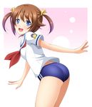  :d ass blue_eyes brown_hair buruma cowboy_shot from_side hair_ribbon high_school_fleet looking_at_viewer misaki_akeno narutaki_shin neckerchief no_pants open_mouth ribbon school_uniform serafuku shirt short_sleeves smile solo thighs two_side_up yokosuka_girls_marine_high_school_uniform 