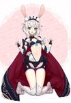  animal_ears blue_eyes breasts bunny_ears cape cleavage kneeling looking_at_viewer mins_(minevi) navel open_mouth original short_hair small_breasts solo white_hair 