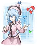  beamed_eighth_notes blue_eyes blue_hair blush clenched_teeth eighth_note grin hat highres kan_(aaaaari35) merlin_prismriver musical_note one_eye_closed quarter_note raised_eyebrow smile solo teeth touhou 