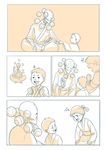  2boys 4koma child comic highres humanoid_robot japanese_clothes juggling limited_palette looking_at_another multiple_boys omnic overwatch shaking_head silent_comic smile zenyatta_(overwatch) 