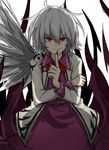  bags_under_eyes evil_smile finger_to_mouth highres jacket kan_(aaaaari35) kishin_sagume looking_at_viewer nail_polish open_clothes open_jacket red_eyes red_nails short_hair silver_hair single_wing smile smirk solo touhou wings 
