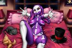  2016 alice_(foxtalon) bed bedroom breasts camel_toe clothed clothing female gloves_(marking) hat hotbento lagomorph lamp looking_at_viewer lying mammal markings navel nipples on_back on_bed panties pillow plushie rabbit red_eyes skull smile solo top_hat topless underwear 