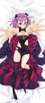  armpits coat dakimakura fate/grand_order fate_(series) flat_chest helena_blavatsky_(fate/grand_order) highres loose_thighhigh lying matsuryuu outstretched_arms purple_eyes purple_hair ribbon solo thighhigh_dangle thighhighs torn_clothes tree_of_life 