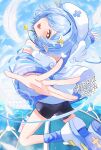  1girl black_shorts blue_hair blue_jacket blue_sky blue_socks commission cross-shaped_pupils cross_hair_ornament cross_hat_ornament english_text feathers foreshortening hair_ornament hair_over_one_eye hat head_tilt heart highres indie_virtual_youtuber jacket kisukekino24 looking_at_viewer medium_hair noa_noelle orange_eyes outstretched_arms pointy_ears shorts skeb_commission sky socks solo symbol-shaped_pupils watermark white_hat white_wings wings 