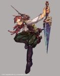  1boy ascot asymmetrical_dual_wielding black_boots boots brown_hair character_request commentary_request copyright_notice dual_wielding fingerless_gloves foreshortening full_body gloves green_eyes green_pants green_vest grin highres holding holy_dungeon long_sleeves male_focus official_art pants ponytail puff_and_slash_shorts red_ribbon ribbon shirt single_glove smile so-taro vest white_ascot white_shirt 
