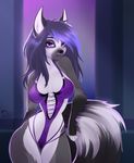  2016 anthro areola black_fur black_nose blue_hair breasts clothed clothing english_text female fur grey_fur hair hybrid lemur long_hair looking_at_viewer mammal pacevanrign pointy_ears primate purple_eyes raccoon seductive signature skimpy smile solo text white_fur wide_hips 