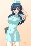  1girl alternate_costume blue_dress blue_eyes blue_hair blue_hat blush covered_nipples dress eclair_(girls_und_panzer) girls_und_panzer girls_und_panzer_gekitou!_maginot-sen_desu!! hat holding_board long_hair matsui_yasutsugu name_tag nurse nurse_cap open_mouth orange_background pantyhose short_dress signature smile white_pantyhose 