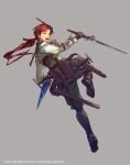  1boy asymmetrical_dual_wielding black_boots boots brown_bag character_request copyright_notice dual_wielding full_body green_vest grey_background highres holding holding_weapon holy_dungeon looking_at_viewer looking_back male_focus official_art ponytail red_hair sheath shirt simple_background so-taro solo vest weapon white_shirt 