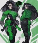  1girl absurdres ass black_bodysuit black_gloves black_hair bodysuit breasts english_text gabriel_ales gloves green_bodysuit green_eyes green_gloves green_jacket high_heels highres jacket kim_possible_(series) long_hair multiple_views shego signature speech_bubble two-tone_bodysuit 