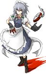  boots bow braid clock gloves grin hair_bow highres holding holding_knife izayoi_sakuya kan_(aaaaari35) knife knives_between_fingers maid maid_headdress pocket_watch red_eyes silver_hair smile solo touhou twin_braids watch white_background 