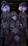 3girls armband bag1945 black_background black_hair blonde_hair blue_eyes blue_hair boots brown_eyes collar_tabs collared_shirt cometik_(idolmaster) commentary_request cross crossed_legs dagger gloves grey_eyes hat head_rest highres idolmaster idolmaster_shiny_colors ikaruga_luca ikuta_haruki iron_cross knife long_hair looking_at_viewer military_uniform multicolored_hair multiple_girls nazi necktie peaked_cap pink_hair reichsadler shirt short_hair siegrunen sitting smile ss_insignia streaked_hair suzuki_hana swastika totenkopf unworn_hat unworn_headwear waffen-ss weapon 